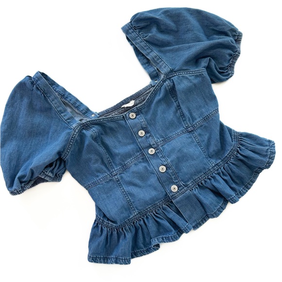 American Eagle Women’s Large Puff Sleeve Corset Smocked Denim Shirt Cottage Core - Picture 1 of 9